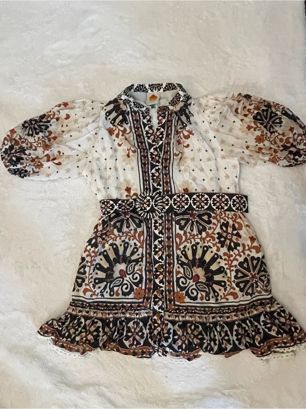 FARM Rio “Sweet Rio” Floral Belted Puff Sleeve Mini Dress